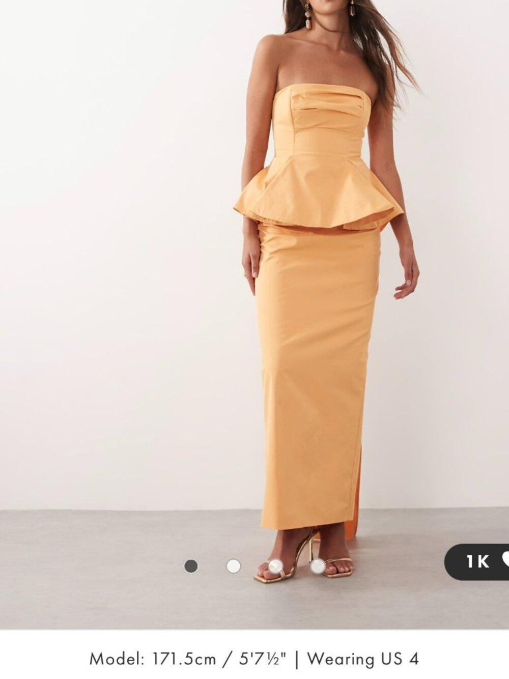 ARRANGE Bandeau Cinched Maxi Strapless Peplum Column Dress Apricot 6 -MSRP $260